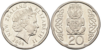Новая Зеландия 20 центов 2006 Елизавета II (1952-2022), идол Пукаки KM 118а никелированная сталь 4579-1117