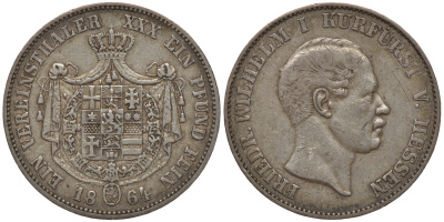 Гессен-Кассель 1 талер 1864 Фридрих Вильгельм (1847-1866) КМ 621.2, AKS 62, Jaeger 48a серебро 00-807-37