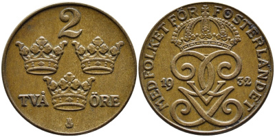 Швеция 2 эре 1932 Густав V (1907-1950) KM 778 бронза 4385-1014