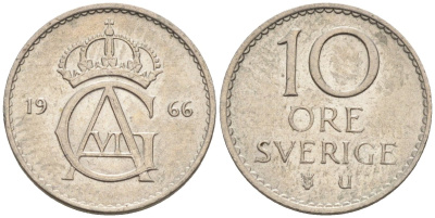 Швеция 10 эре 1966 Густав VI Адольф (1950-1973) KM 835 медно-никель 4585-366