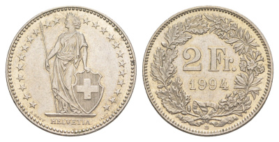 Швейцария 2 франка 1994 KM 21a медно-никель aUNC 4641-833