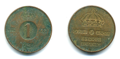 Швеция 1 эре 1966 U Густав VI Адольф (1950-1973) KM 820 бронза 23-956