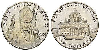 Либерия 10 долларов 2001 Иоанн Павел II KM 643a медно-никель PROOF 443-622