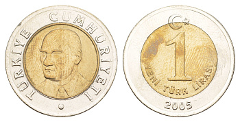 Турция 1 новая лира 2005 Кемаль Ататюрк KM 1169 биметалл UNC 4646-846