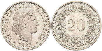 Швейцария 20 раппенов 1985 KM 29a медно-никель 55-1024