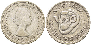 Австралия 1 шиллинг 1958 m, Елизавета II (1952-2022), овца меринос KM 59 серебро 4514-1037