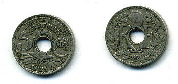 ФРАНЦИЯ 5 САНТИМОВ 1925 ТИП ЛИНДАЙЁ KM 875 медно-никель 84-317