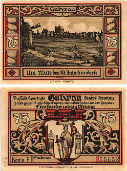 ГУРАУ (ГУРА, ПОЛЬША) 75 ПФЕННИГОВ 1922 НОТГЕЛЬД, БУКВА F Grabowski 496.1a бумага 8589-3-3-1