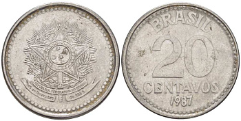 Бразилия 20 сентаво 1987 герб KM 603, Schon 112 нержавеющая сталь 26-1648