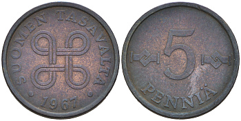 ФИНЛЯНДИЯ 5 ПЕННИ 1967 KM 45 медь 4564-1245