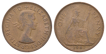 Великобритания 1 пенни 1967 Елизавета II (1952-2022) KM 897, Spink 4157 бронза 4661-1031
