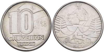 Бразилия 10 крузейро 1990 золотодобыча KM 619.1 нержавеющая сталь 4179-931