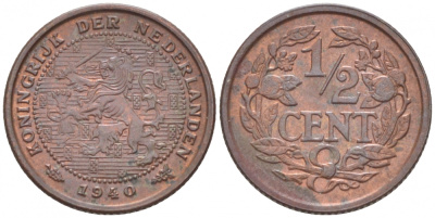 НИДЕРЛАНДЫ 1/2 ЦЕНТА 1940 ВИЛЬГЕЛЬМИНА (1890-1948) KM 138 бронза 214-738