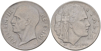 ИТАЛИЯ 20 ЧЕНТЕЗИМО 1942 R, ГОД XX, ВИКТОР ЭММАНУИЛ III (1900-1946), МАГНИТНАЯ, ГУРТ РИФЛЁНЫЙ KM 75b, VEM3. 1029 нержавеющая сталь 3853-435