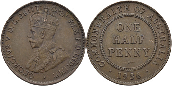 АВСТРАЛИЯ 1/2 ПЕННИ 1936 ГЕОРГ V KM 22 бронза 97-846
