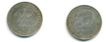 ФРГ 2 МАРКИ 1973 D, КОНРАД АДЕНАУЭР KM 124, J. 406 медно-никель плакированный никелем плакированный никелем 54-2353