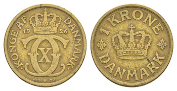 Дания 1 крона 1926 HCN, Кристиан X (1912-1947) KM 824 алюминиевая бронза 4638-646