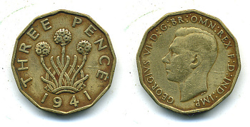 Великобритания 3 пенса 1941 Георг VI (1936-1952) KM 849, Spink 4112 никель латунь 4383-251