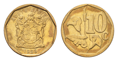 ЮАР 10 центов 1998 герб, цветок алоэ KM 161 сталь плакированная бронзой UNC 4679-169