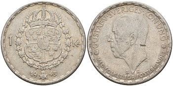 Швеция 1 крона 1943 G, Густав V (1907-1950) KM 814 серебро 4148-1013