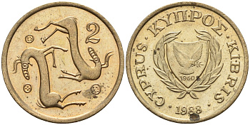 Кипр 2 цента 1988 KM 54.2 никель латунь 4174-1246