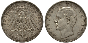 Бавария 3 марки 1908 Отто (1886-1913) Weege 45, J. 47, KM 515 серебро 3711-1843