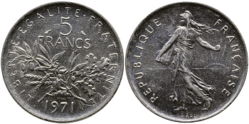 Франция 5 франков 1971 сеятель KM 926a.1, Le Franc 341.3 медно-никель плакированный никелем 4557-314