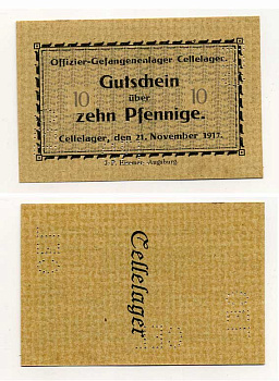 Германия 10 пфеннигов 1917 Ганновер, Целле, лагерь военнопленных офицеров, перфорация CEL C-2795 бумага UNC (пресс) 504-30-3-1