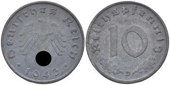 ГЕРМАНИЯ 10 РЕЙХСПФЕННИГОВ 1943 D KM 101, J. 371 цинк 4401-547
