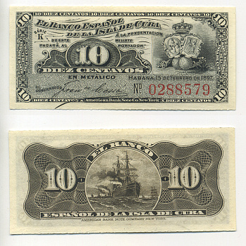 Куба 10 сентаво 1897 Испанская Администрация Pick 52 бумага UNC (пресс) 00-000-00