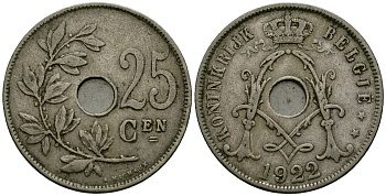 Бельгия 25 сантимов 1922 Belgie KM 69 медно-никель 4165-824