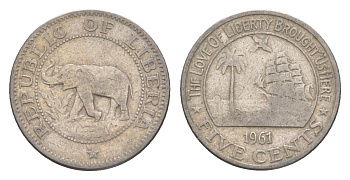 Либерия 5 центов 1961 KM 14 медно-никель 4659-458