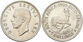 ЮАР 5 шиллингов 1950 Георг VI (1936-1952), самый редкий год выпуска - 83.000 KM 40.1 серебро 4552-1033