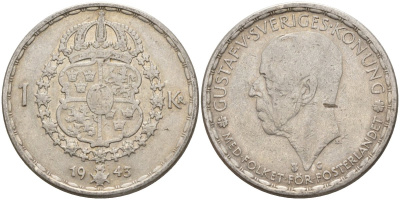 Швеция 1 крона 1943 G, Густав V (1907-1950) KM 814 серебро 4148-1013
