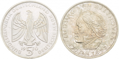 ФРГ 5 марок 1970 F. 200 лет со дня рождения Людвига ван Бетховена KM 127, J. 408 серебро PROOF 1087-2-75