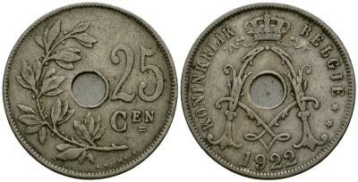 Бельгия 25 сантимов 1922 Belgie, Альберт I (1909-1934) KM 69 медно-никель 4165-824