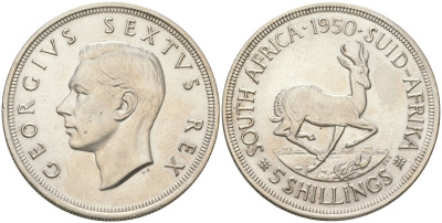 ЮАР 5 шиллингов 1950 Георг VI (1936-1952), самый редкий год выпуска - 83.000 KM 40.1 серебро 4552-1033