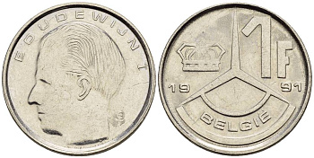 БЕЛЬГИЯ 1 ФРАНК 1991 BELGIE KM 171 сталь плакированная никелем 4528-1048