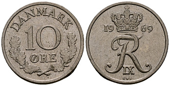 Дания 10 эре 1969 C,S, Фредерик IX (1947-1972) KM 849.1 медно-никель 4173-721