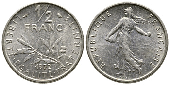 Франция 1/2 франка 1972 сеятель KM 931.1, LE FRANC 198.11 никель 4364-3323