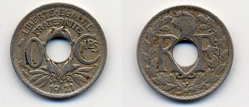 Франция 10 сантимов 1921 тип Линдайё KM 866a, Le Franc 138.3 медно-никель 4388-431