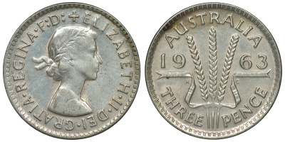 Австралия 3 пенса 1963 m, Елизавета II (1952-2022) KM 57 серебро 71-946