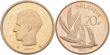 Бельгия 20 франков 1992 Belgique KM 159 никель бронза UNC 189-923