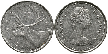 КАНАДА 25 ЦЕНТОВ 1980 ЕЛИЗАВЕТА II (1952-), ОЛЕНЬ, ВТОРОЙ ПОРТРЕТ В КОРОНЕ KM 74 никель 4543-744