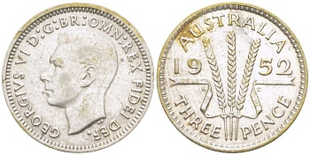 Австралия 3 пенса 1952 m, Георг VI (1937-1952), без букв KM 44 серебро 4516-146