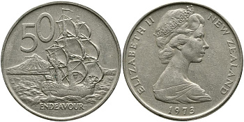 Новая Зеландия 50 центов 1973 Елизавета II (1952-2022), парусник Индевор KM 37.1 медно-никель 111-426
