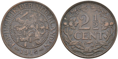 Нидерланды 2 1/2 цента 1918 Вильгельмина (1890-1948) KM 150 бронза 4116-321