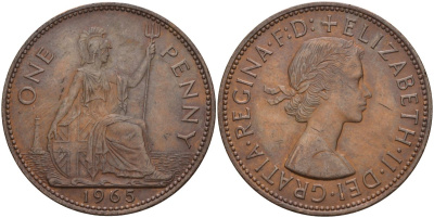 Великобритания 1 пенни 1965 Елизавета II (1952-2022) КМ 897, Spink 4157 бронза 4140-135