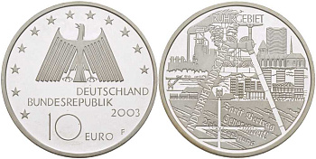 ФРГ 10 евро 2003 F, Рурский бассейн, промышленная зона KM 224, DE.S. 10.10 серебро PROOF 413-5931