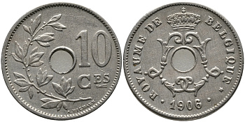 БЕЛЬГИЯ 10 САНТИМОВ 1906 BELGIQUE KM 52 медно-никель 4380-325